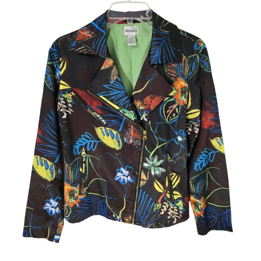 Chicos Floral Tropical Moto Jacket Size 0 S Black Multi Color Zip Up Lined